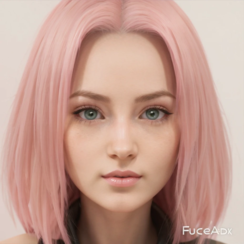 young woman, shoulder length bubblegum pink hair, broad forehead, porcelain skin, pink eyebrows, large emerald green eyes, button nose, full lips, heart shaped face, slender body, small breasts, black sleeveless turtleneck, Sakura Haruno, reality, realistic, realism, 3d, village, forest