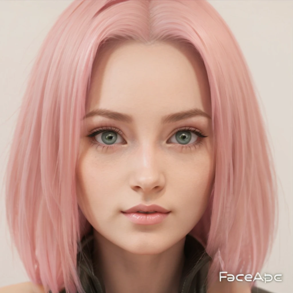 young woman, shoulder length bubblegum pink hair, broad forehead, porcelain skin, pink eyebrows, large emerald green eyes, button nose, full lips, heart shaped face, slender body, small breasts, black sleeveless turtleneck, Sakura Haruno, reality, realistic, realism, 3d, village, forest