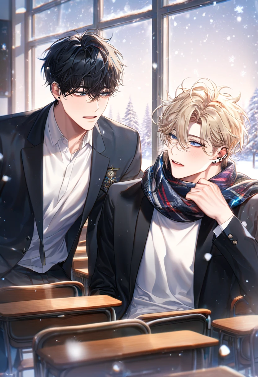 absurdres, highres, ultra detailed, HDR, master piece, best quality, extremely detailed face, delicated features, Kang Woojin, black hair, messy hair, expressive dark blue eyes, Love Jinx, Lim Haegyung, ash-blonde hair, hair between the eyes, messy hair, expressive blue eyes, two sexy men sitting close, yaoi, gay couple, handsome, sensual, uniform, black jacket, white shirt, scarf, black pants, black piercings, classroom, window, chairs, desks, snowing, snowflakes