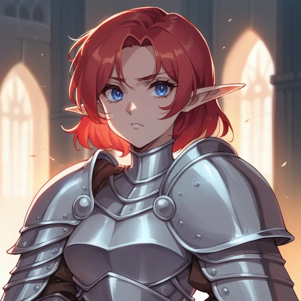 Expressionless Elf woman, with a frown, with red hair and blue eyes, wearing Templar knight armor, a medieval city in the background