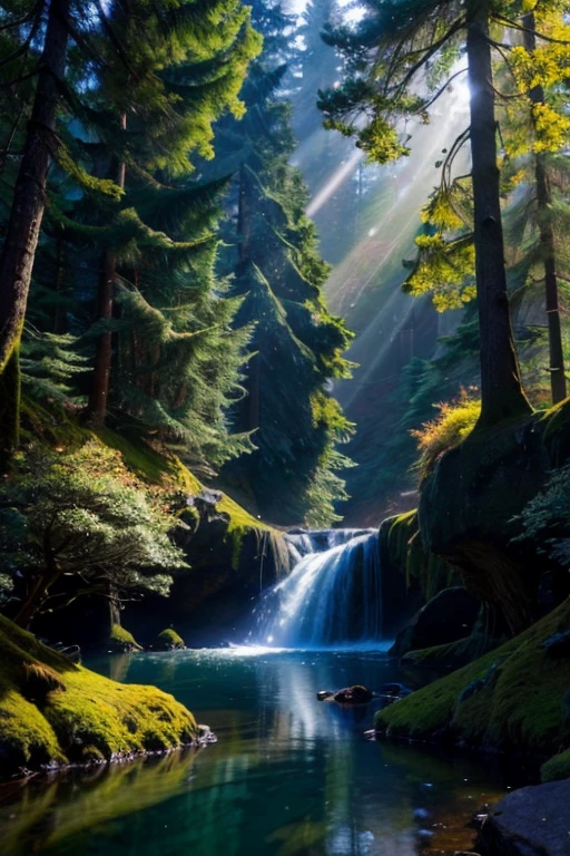 Viral anime nature wallpaper in 4K quality, in the style of digital illustration inspired by Hayao Miyazaki, featuring a serene forest with towering ancient trees, dappled sunlight filtering through the leaves, a gentle stream flowing through the scene, and mystical creatures peeking from behind the foliage; vibrant and warm color temperature, cosmos lighting with stars twinkling in the sky, no human characters, the atmosphere is tranquil and enchanting