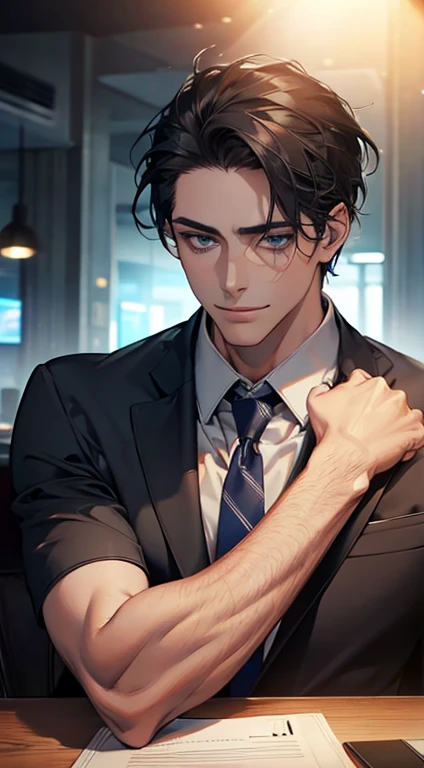 (Highest quality,4K,8K,High resolution,masterpiece:1.2),Super detailed,(Realistic,photoRealistic,photo-Realistic:1.37),1 person,32 years old,Mature Men,Beautiful skin、very handsome,Expressionless,smile,Short gray black hair,blue eyes,Sharp Eyes,A perfect face without a doubt,Businessman,Office Background,Cinema Lighting,HDR image,tie、