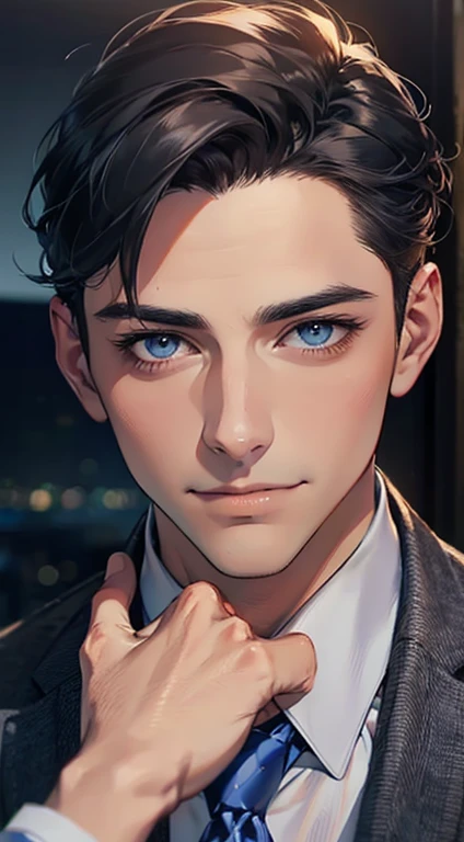 (Highest quality,4K,8K,High resolution,masterpiece:1.2),Super detailed,(Realistic,photoRealistic,photo-Realistic:1.37),1 person,32 years old,Mature Men,Beautiful skin、very handsome,Expressionless,smile,Short gray black hair,blue eyes,Sharp Eyes,A perfect face without a doubt,Businessman,Office Background,Cinema Lighting,HDR image,tie、