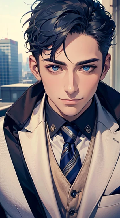 (Highest quality,4K,8K,High resolution,masterpiece:1.2),Super detailed,(Realistic,photoRealistic,photo-Realistic:1.37),1 person,31 years old,Mature Men,Beautiful skin、very handsome,Expressionless,smile,Short blue hair,blue eyes,Sharp Eyes,A perfect face without a doubt,Businessman,Office Background,Cinema Lighting,HDR image,tie、