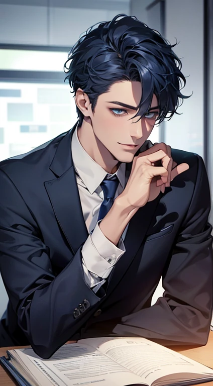 (Highest quality,4K,8K,High resolution,masterpiece:1.2),Super detailed,(Realistic,photoRealistic,photo-Realistic:1.37),1 person,31 years old,Mature Men,Beautiful skin、very handsome,Expressionless,smile,Short blue hair,blue eyes,Sharp Eyes,A perfect face without a doubt,Businessman,Office Background,Cinema Lighting,HDR image,tie、