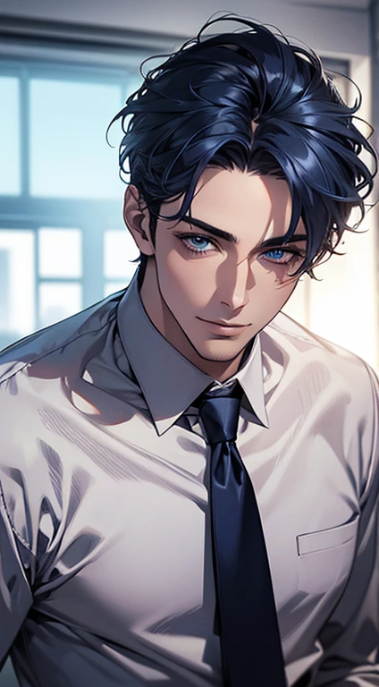 (Highest quality,4K,8K,High resolution,masterpiece:1.2),Super detailed,(Realistic,photoRealistic,photo-Realistic:1.37),1 person,31 years old,Mature Men,Beautiful skin、very handsome,Expressionless,smile,Short blue hair,blue eyes,Sharp Eyes,A perfect face without a doubt,Businessman,Office Background,Cinema Lighting,HDR image,tie、