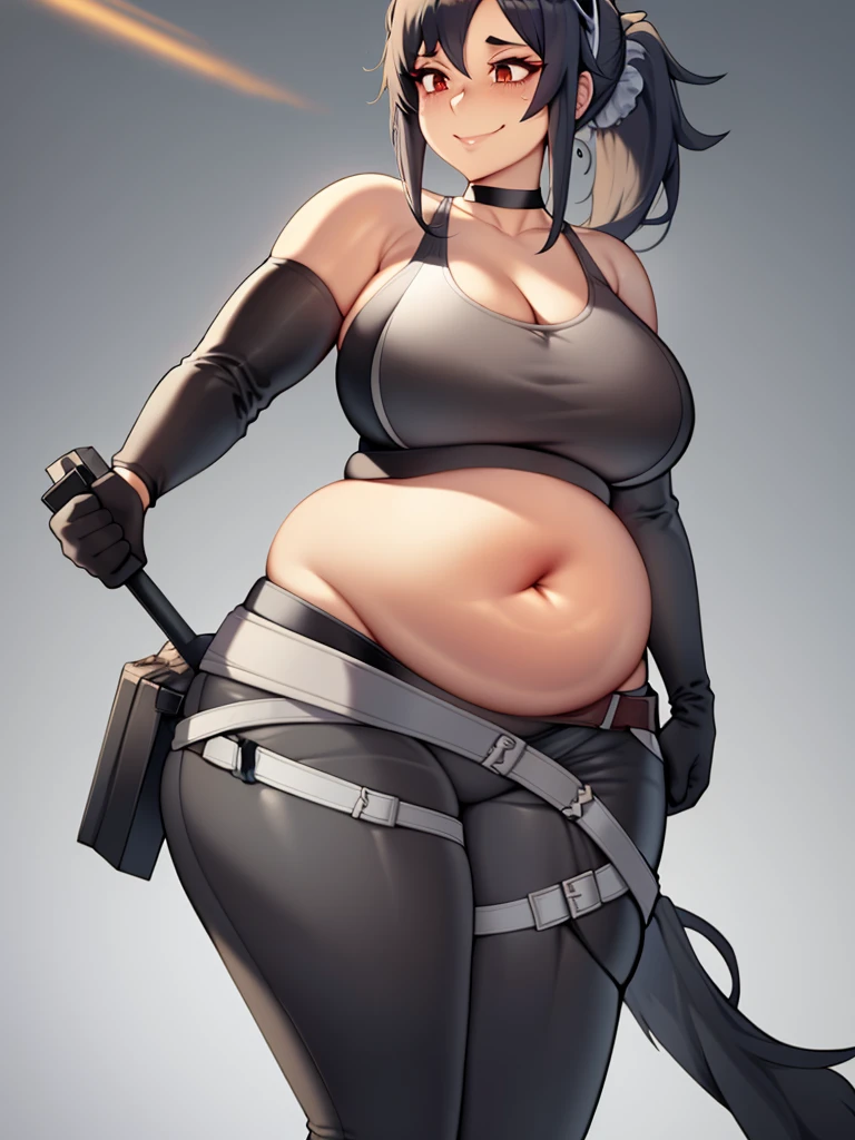 art by kipteitei, grace howard, bare shoulders, black choker, black gloves, black pants, black sports bra, elbow gloves, goggles on head, low ponytail, midriff, chubby body, pot belly, intimate, looking to the right, gentle smiling face, in nature, cartoon, hands behind body, no extra details, no extra fingers, 1girl, 25 year old