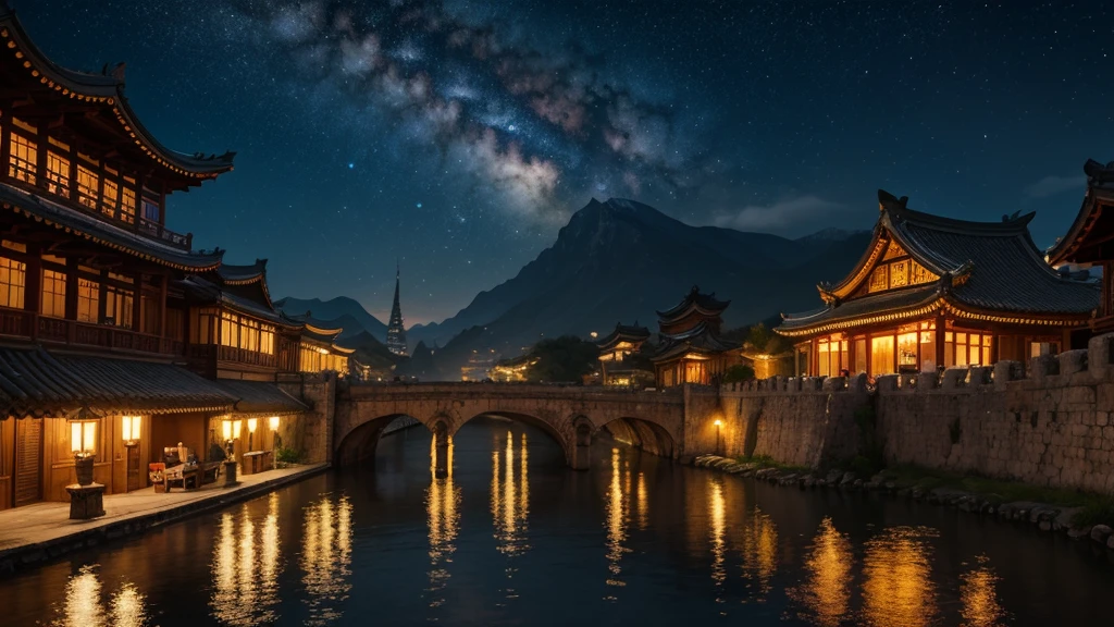 Ancient Imperial City Square，ancient architecture，Many people in ancient costumes，Lantern Festival，Red Lantern，The sky is a deep blue, star-studded night sky，Under the starry sky, they appear grand and mysterious，The atmosphere is majestic，high quality，masterpiece，Lots of details，8k，Amazing theatrical work, movie environment, masterpiece, best quality, Award-winning works, Personalize your style, Fine details, Realistic shadows, HDR, Ultra HD