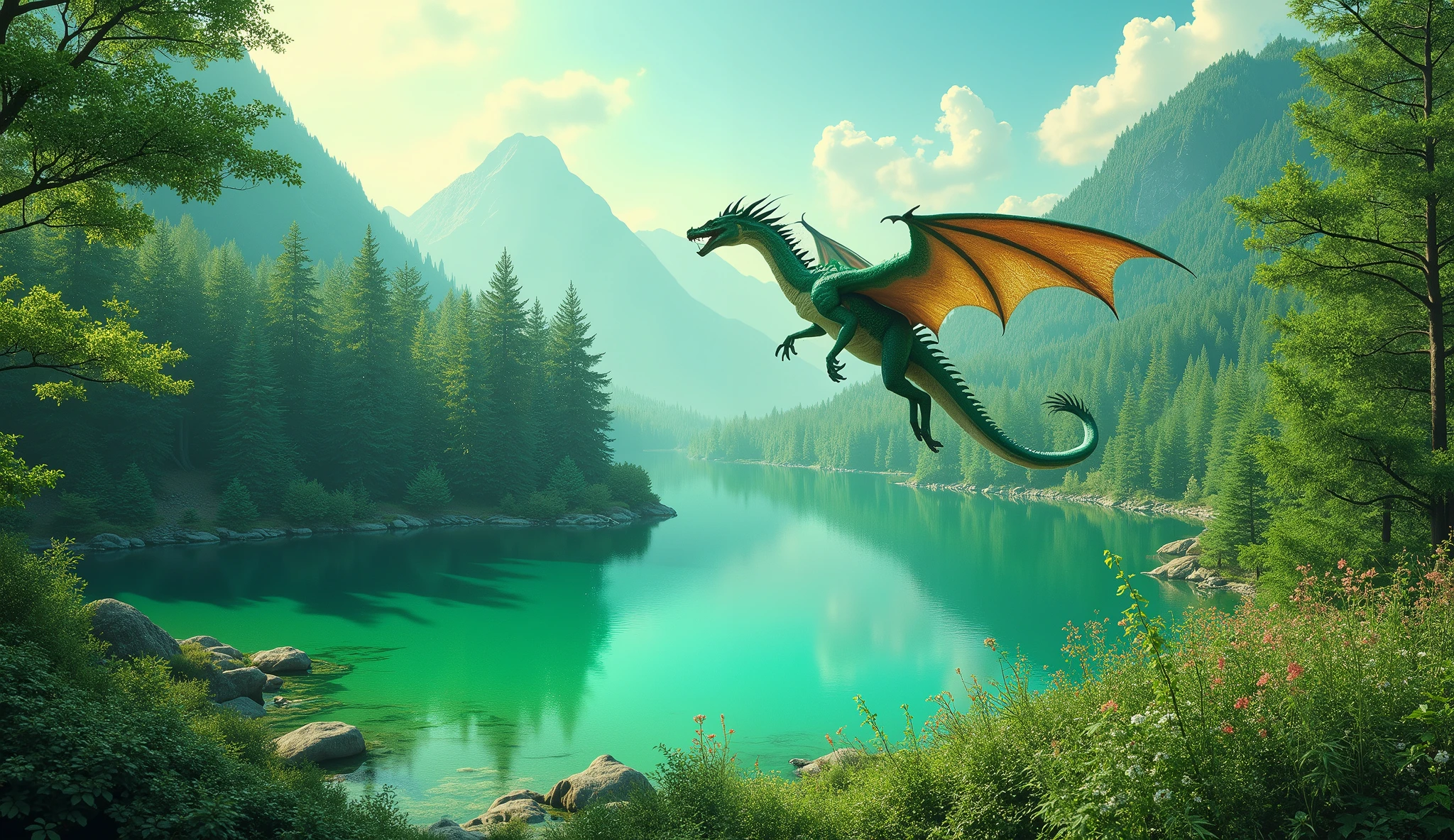 Beautiful art style,dragon,8K,excellent scene,forest,Emerald green lake surface,Clear,dream