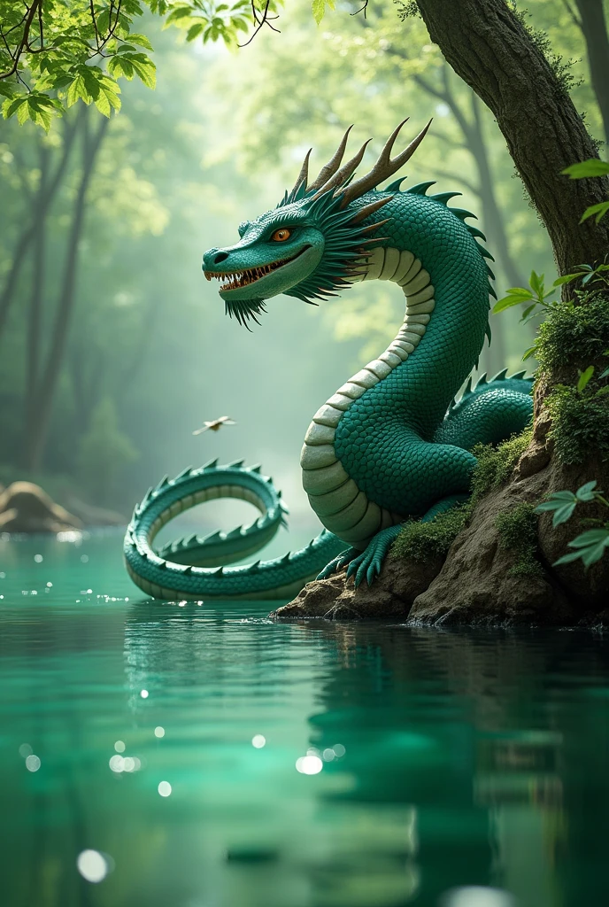 Beautiful art style,dragon,8K,excellent scene,forest,Emerald green lake surface,Clear,dream