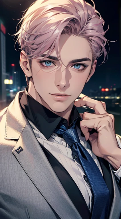 (Highest quality,4K,8K,High resolution,masterpiece:1.2),Super detailed,(Realistic,photoRealistic,photo-Realistic:1.37),1 person,31 years old,Mature Men,Beautiful skin、very handsome,Expressionless,smile,Short gray pink hair,blue eyes,Sharp Eyes,A perfect face without a doubt,Businessman,Office Background,Cinema Lighting,HDR image,tie、