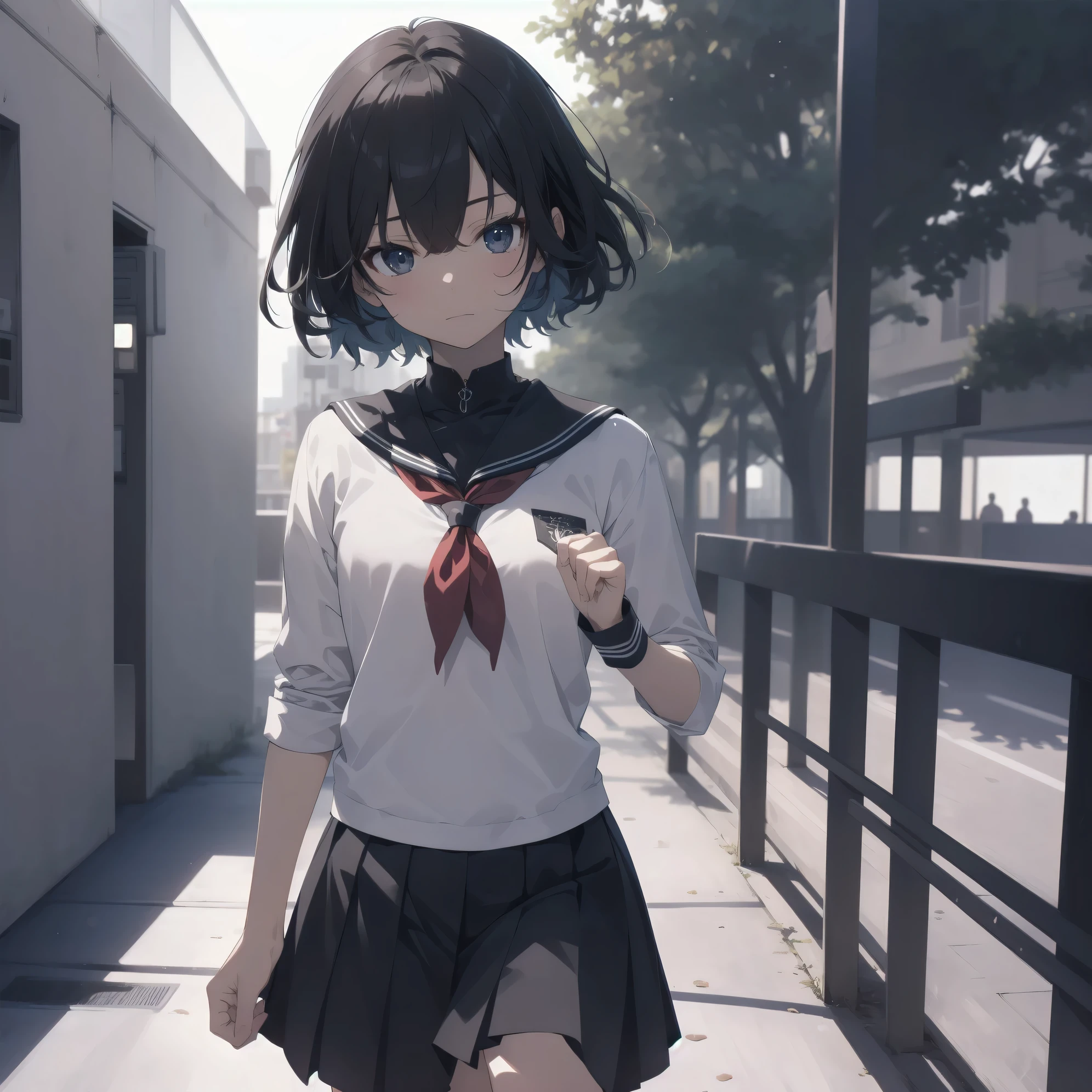 ultra-absurdres-Top quality by artist God, ultra-detailed, high resolution, anime moe artstyle, best anime 8k konachan wallpaper, pixiv contest winner, pool:2810, perfect anatomy,break, 1girl, (Please draw a girl walking sleepily to school alone. )break,(Solo,little female, 13-year-old:1.3),Full limbs, complete fingers,a junior high school student, (very short hair), short cut, flat chest, , small butt, small black eyes, beautiful detailed eyes, well-proportioned iris and pupils, expressive eyes, highres detailed hair, soft expression, salor school_uniform, sailor collar, serahuku, bow, pleated skirt,(Detailed Lighting), (Detailed background), in the School commute route. break,super detailed skin, Best cinematic lighting powered by famous artist, 8k,beauty illustration,photoshop_(medium),very aesthetic,break,((artist:rappa_(rappaya) )), artist:clamp ,artist:carnelian ,artist:kantoku ,