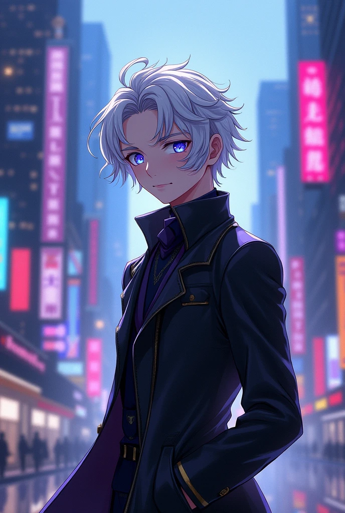 A young man with white hair and one eye resembling a crystal ball, wearing a long black leather coat in an anime style.