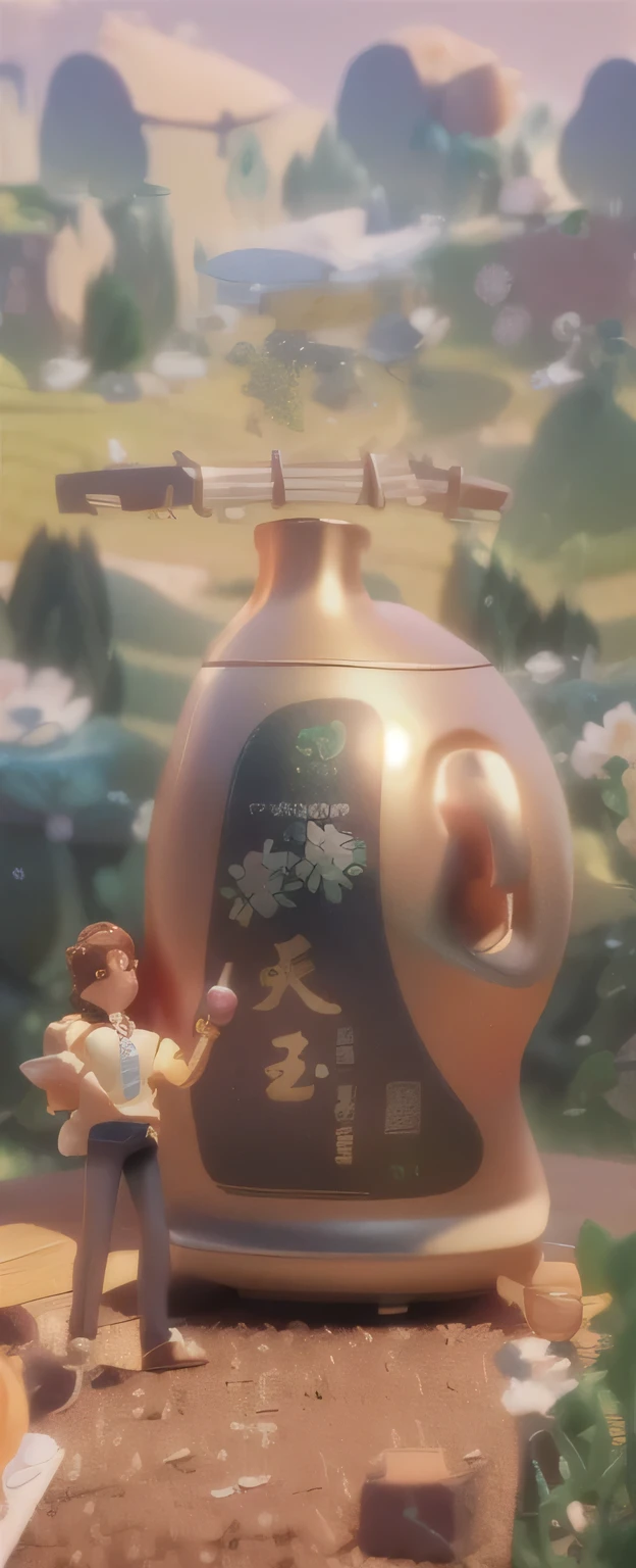 Close-up of a bottle of cooking oil on a table, There is a 3D character next to it,HD characters , closeup,Microscopic Photography, the World of the Tiny, 3D Model Macro Photography, Excellent composition, Fantasy painting,3D model of a cute, Extremely detailed scene, Amazing wallpapers, in a scenic background, Very detailed scene, Beautiful and detailed scenes,High-definition picture, 4k high-definition