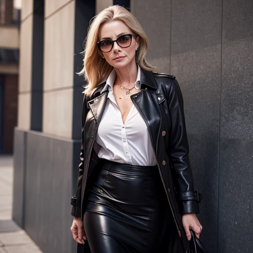 The best photos,Most realistic,4K clarity, sexy woman,Age 70,pencil skirt, leather trench coat,Show off your sexy trench coat