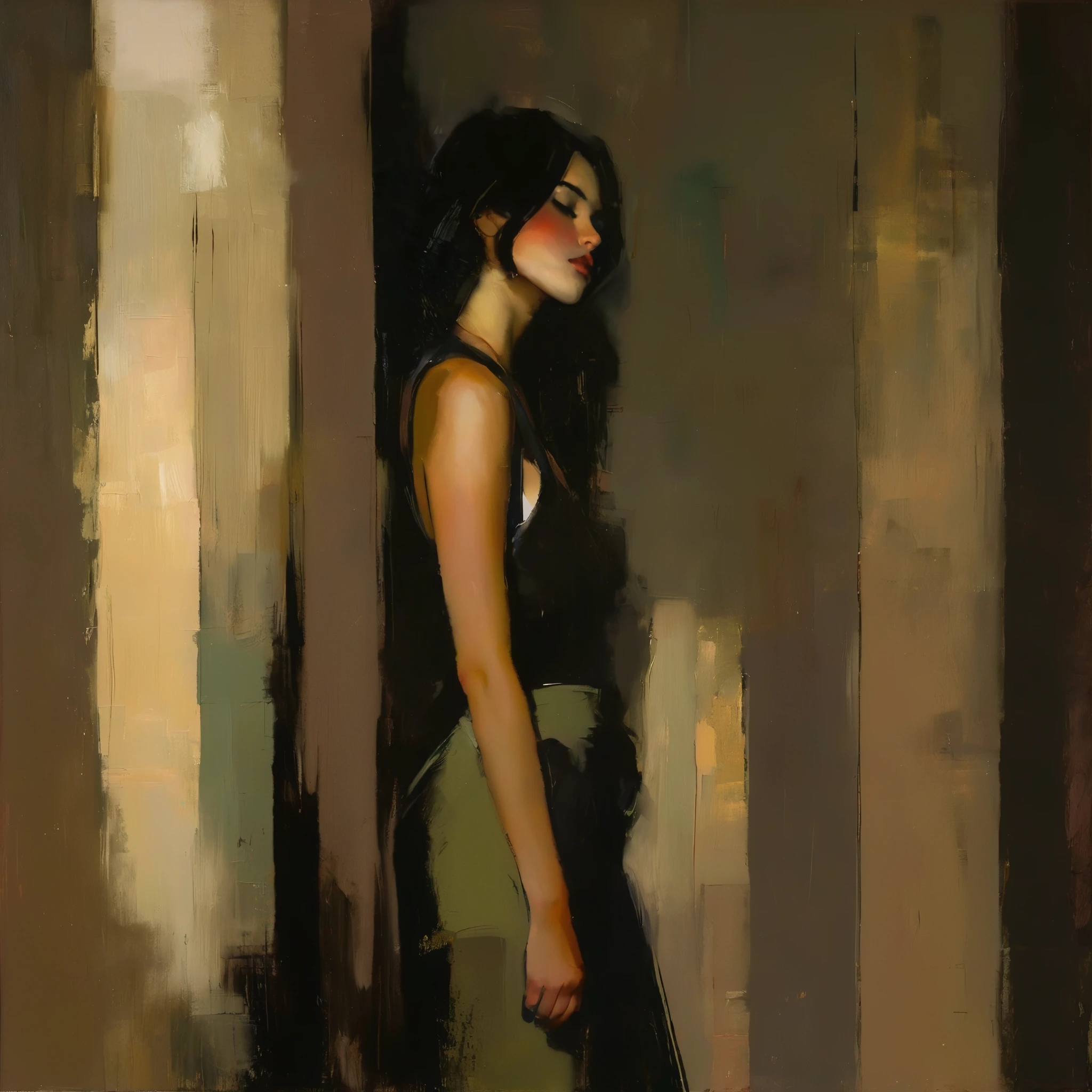 Create an evocative oil painting inspired by Malcolm Liepke, based on the provided image. Capture the intense, introspective expression of the young subject using thick, expressive brushstrokes and a muted color palette. Highlight the emotional depth and vulnerability in the subject's gaze, emphasizing the play of light and shadow on their face. Maintain a simple, textured background that complements the subject's contemplative presence. Focus on the tactile quality of the oil paint to convey the raw emotion and intimacy characteristic of Liepke's style.