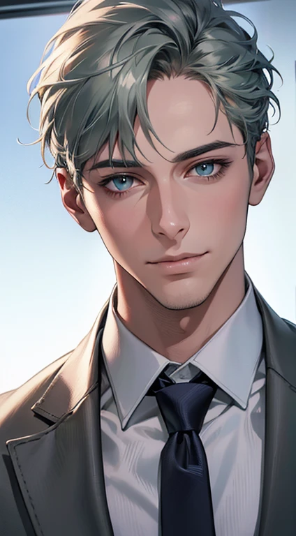 (Highest quality,4K,8K,High resolution,masterpiece:1.2),Super detailed,(Realistic,photoRealistic,photo-Realistic:1.37),1 person,31 years old,Mature Men,Beautiful skin、very handsome,Expressionless,smile,Short gray green hair,blue eyes,Sharp Eyes,A perfect face without a doubt,Businessman,Office Background,Cinema Lighting,HDR image,tie、