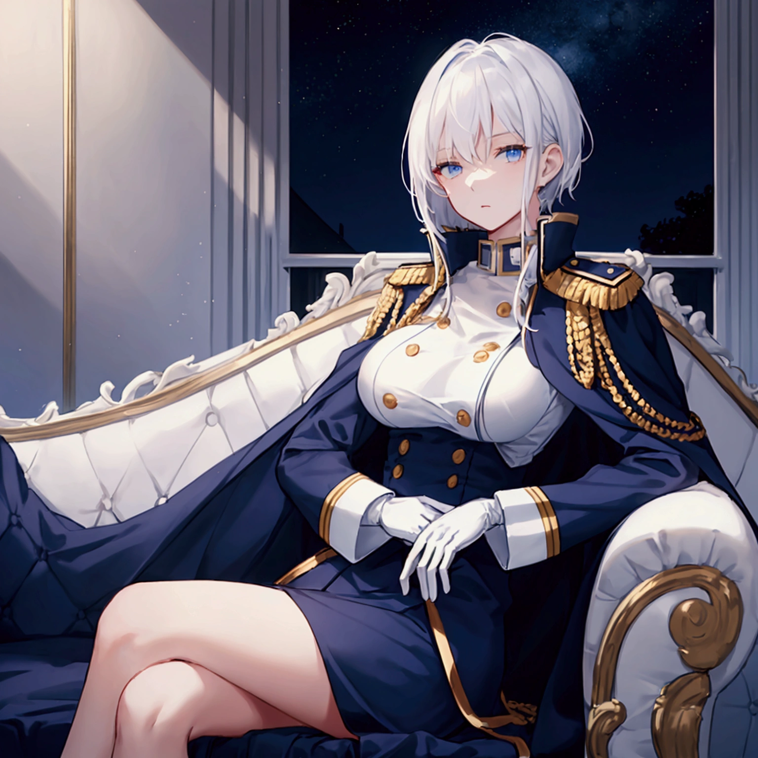 Night sky background, night time, Military uniform, dark blue uniform, white cape, white glove, 1woman, solo, white hair, high collar, shining hair, medium-large breast, sitting on couch, facing viewer, arrogant,