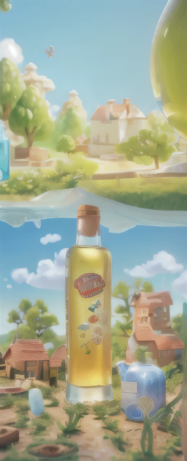 Close-up of a bottle of cooking oil on a table,  There is a 3D character next to it，HD characters ， closeup,Microscopic Photography, the World of the Tiny, 3D Model Macro Photography, Excellent composition, Fantasy painting，3D model of a cute, Extremely detailed scene, Amazing wallpapers, in a scenic background, Very detailed scene, Beautiful and detailed scenes，High-definition picture, 4k high-definition