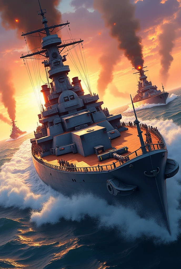 A large battleship engages in a firefight with the enemy fleet.
The sun is rising.
Anime style.
Anime