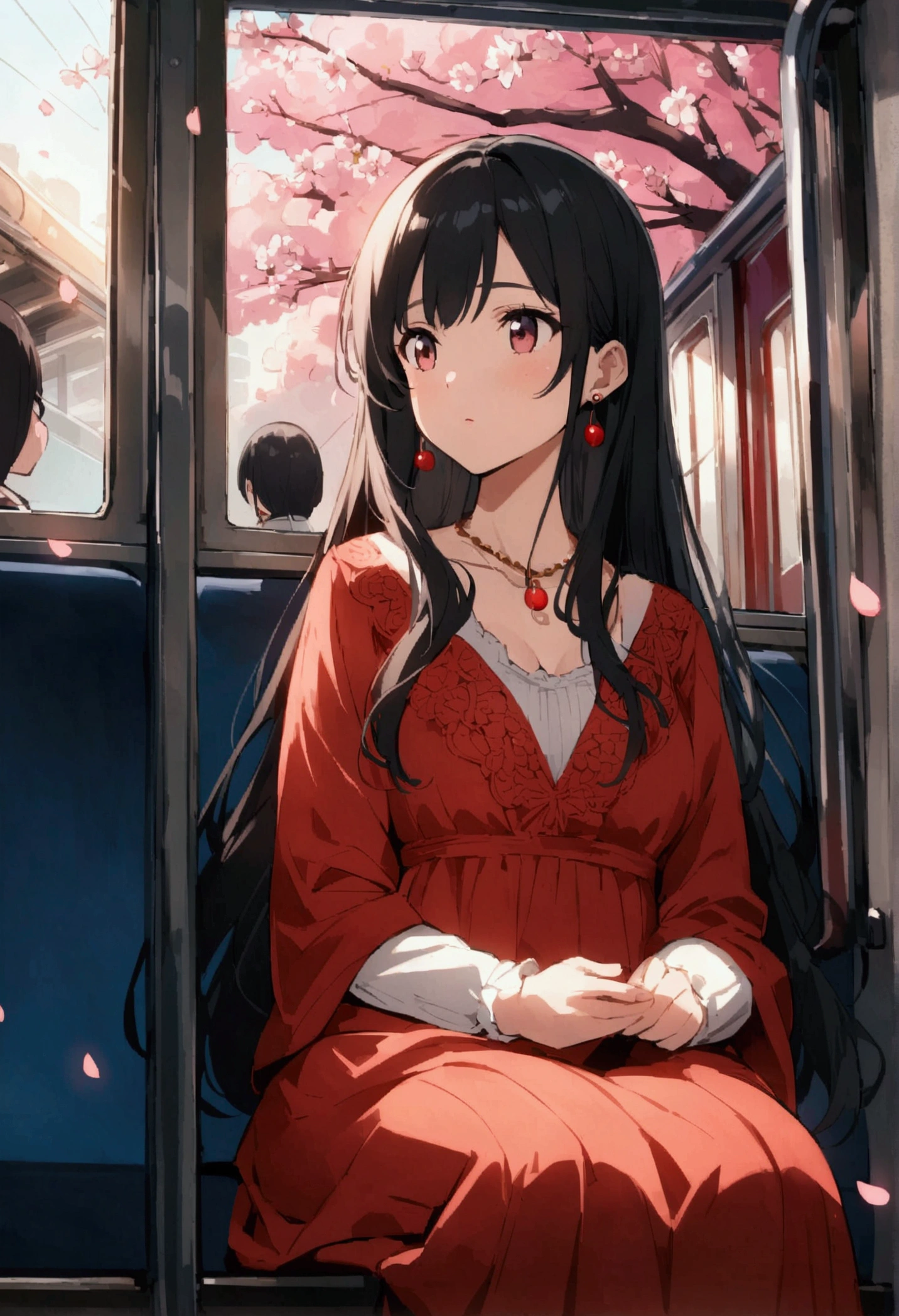 Anime train interior、Black Hair、Long hair、necklace、earrings、Red clothes、cute、Miss、Exterior、sit down、Watching、Large target、Train windows、contour、Cherry blossoms、