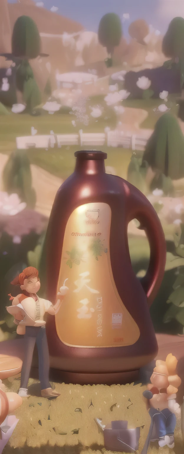 Close-up of a bottle of cooking oil on a table, There is a 3D character next to it,HD characters , closeup,Microscopic Photography, the World of the Tiny, 3D Model Macro Photography, Excellent composition, Fantasy painting,3D model of a cute, Extremely detailed scene, Amazing wallpapers, in a scenic background, Very detailed scene, Beautiful and detailed scenes,High-definition picture, 4k high-definition