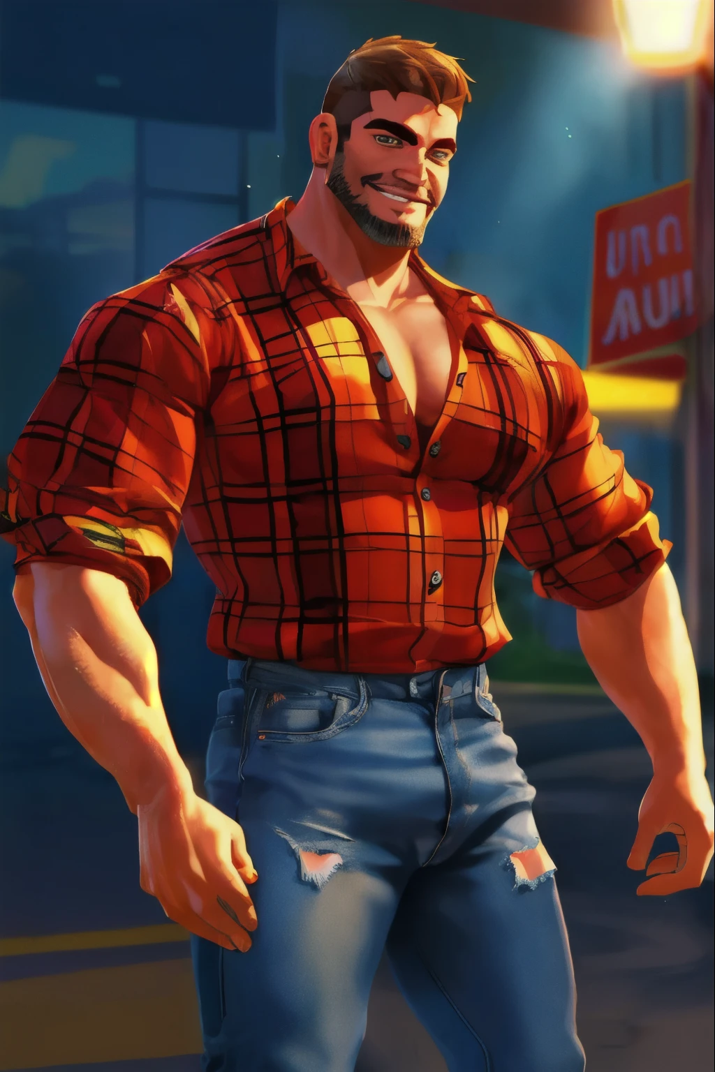 wild muscle man, (40 year old daddy:1.1), 1 chico, Alone, (wearing a red plaid shirt outside), (gray t-shirt inside), (big shoulders), musculature, stubble, short beard, pretty eyes:1.3, ), (detailed face:1.3), smiles, Dynamic Angle, volumetric lighting, (Best Quality, A high resolution, photorealistic), cinematic lighting, Masterpiece, raw photo, intricate details, HDR, whole body, Big muscular body, Big Bubble butt, jeans frontal view