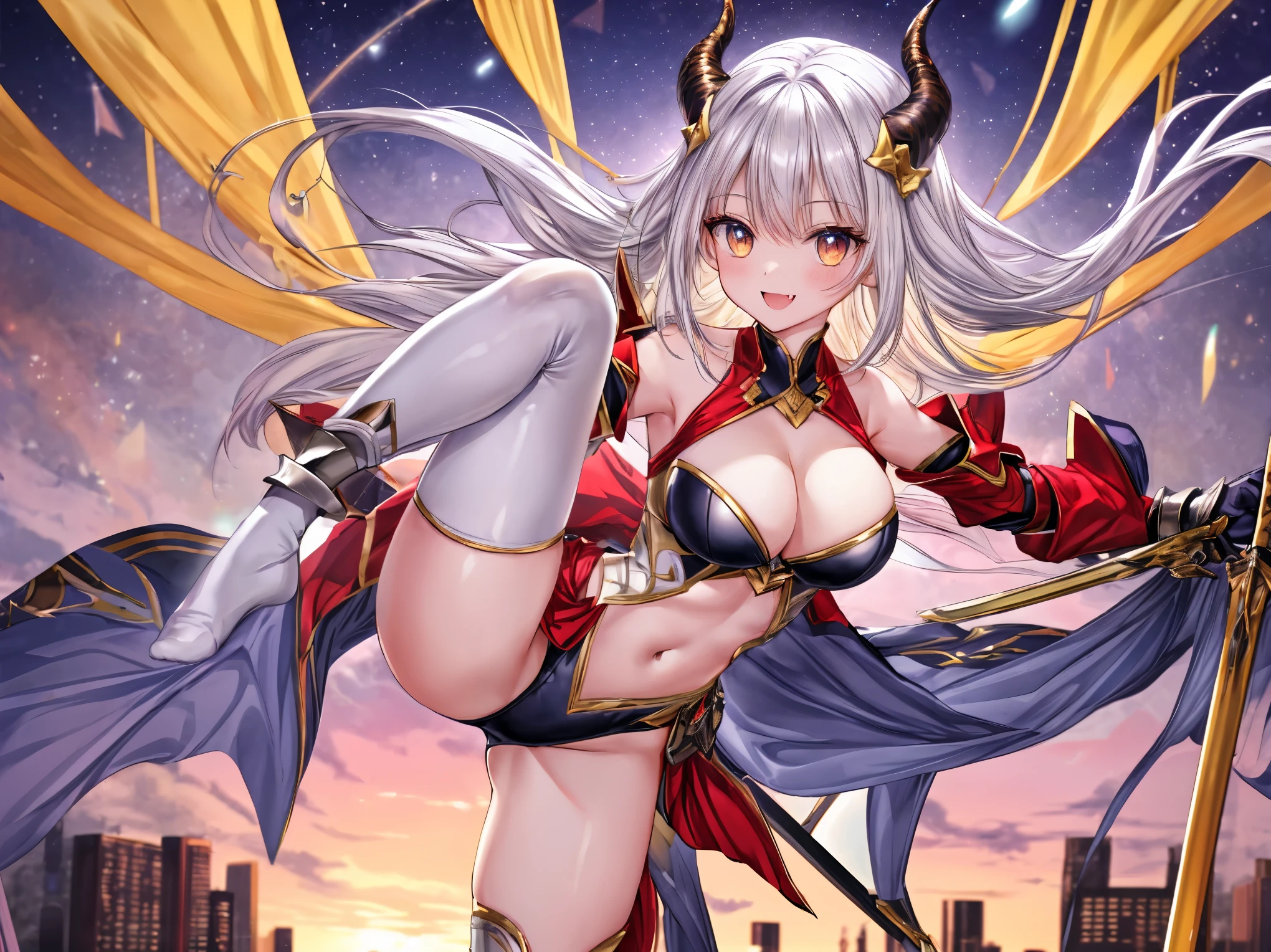 fantasy, 1devil_girl, low_teen, platina_blond_hair,long_bangs, bare_shoulder, navel out, thighhighs,silver_armor, red_clothes,waist_armor, Glebe, hold_swords, large_tits, dynamic_floating_pose,Floating,(pelvic_curtain:1.3), silver_Headgear ,looking_down_at_sunrise_city_sky_background,,slightly_spread_legs,solo,horn ,smile,,open_legs,open_arms,rise_knee,rise_leg,rise_thigh,rise_leg,apart_legs,fang,Shiny_gold_eyes,crotch