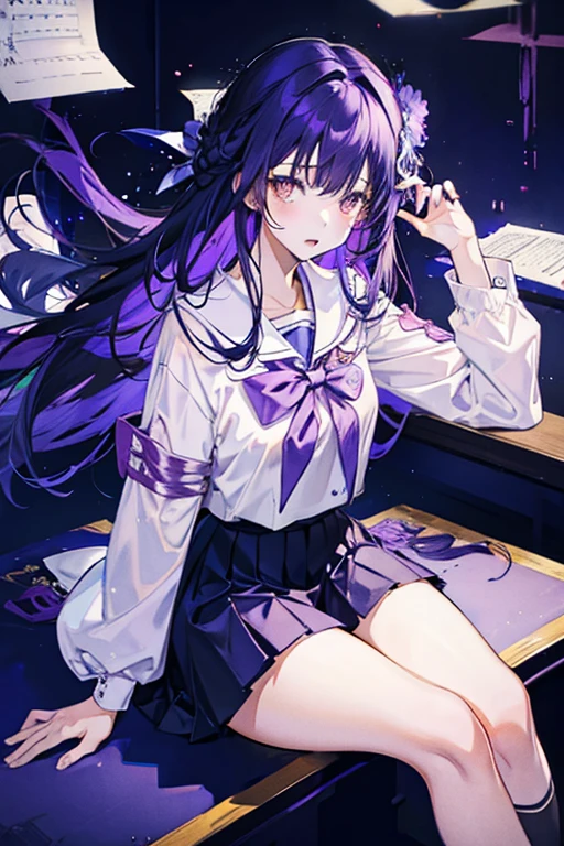 1 girl, Midnight purple long hair, Golden eyes, sitting in class, White school modern uniform, Japanese cartoon
