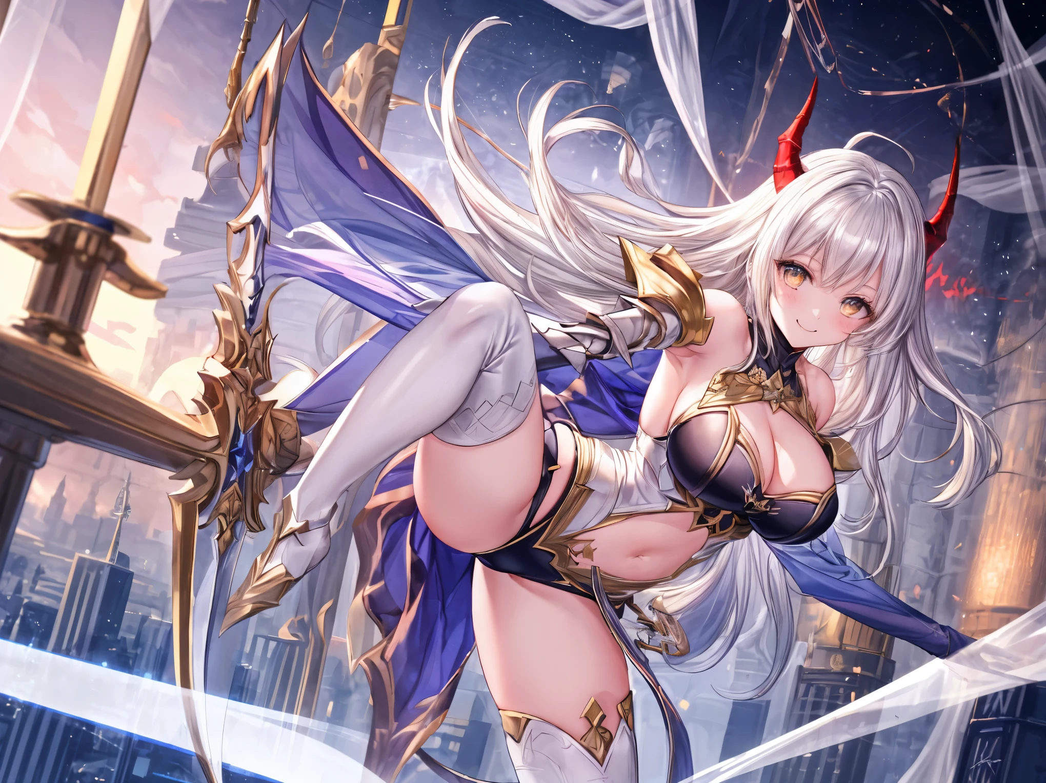 fantasy, 1devil_girl, low_, platina_blond_hair,long_bangs, bare_shoulder, navel out, thighhighs,silver_armor, red_clothes,waist_armor, Glebe, hold_swords, large_tits, dynamic_floating_pose,Floating,(pelvic_curtain:1.3), silver_Headgear ,looking_down_at_sunrise_city_sky_background,,slightly_spread_legs,solo,horn ,smile,,open_legs,open_arms,rise_knee,rise_leg,rise_thigh,rise_leg,apart_legs,fang,Shiny_gold_eyes,crotch