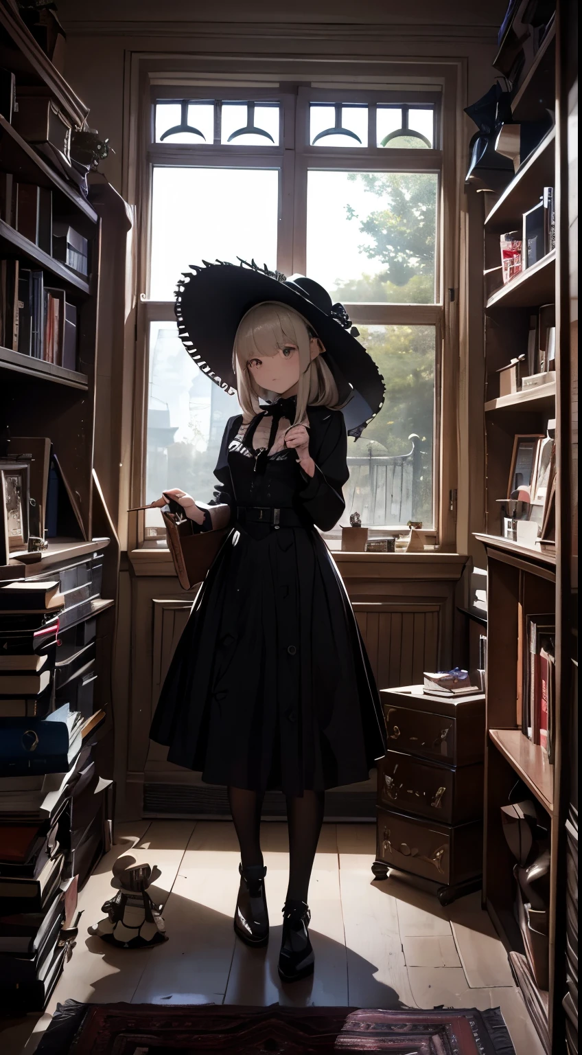 base layer: A room filled with darkness, A typical hobby, Like an upturned toy box, Breaking the middle class: A girl with a mysterious aura, Surrounded by Gothic dolls, Vintage Books, Occult Tools, Split Foreground Layer: Mysterious accessories, hat, Something that emphasizes the girl's mysterious beauty, Break Effect Layer: Pay attention to the fine details of the items, Capturing Complexity and Depth, Break the finishing touches: Deep focus screen effect, Seamlessly blend foreground and background, It encapsulates the eerie yet fascinating essence of the room..