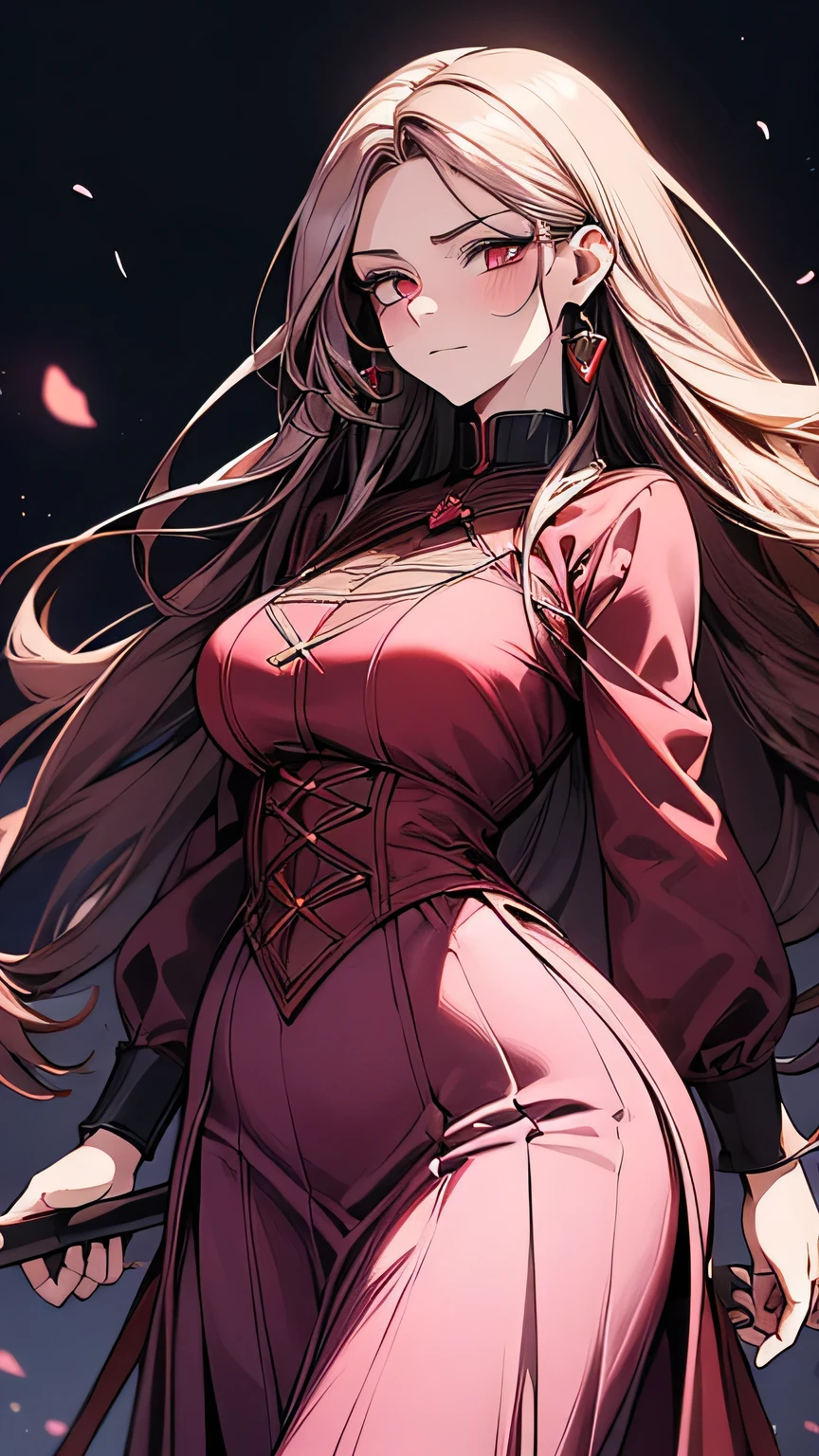 ((Highest quality)), Ultra-high resolution,Adult women, alone, sexy, (Stern face), (Red eyes), Beautiful and symmetrical face, (Red irregular long hair), Light purple dress,Light purple long skirt,Realistic:1.4,Realistic:1.4,night,(masterpiece:1.2),Perfect Eyes,Perfect Eyes,witch,Holding a walking stick,Curvy Body