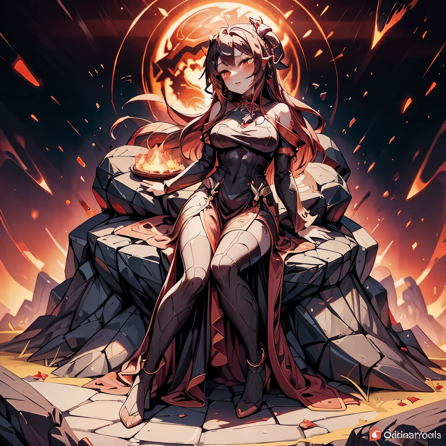 full body illustration of a female lava monster, made out of lava and black rocks, gorgeous woman, sitting on a rock, detailed gala dress, fire design in dress, saturated red colors, sfw, sensual pose