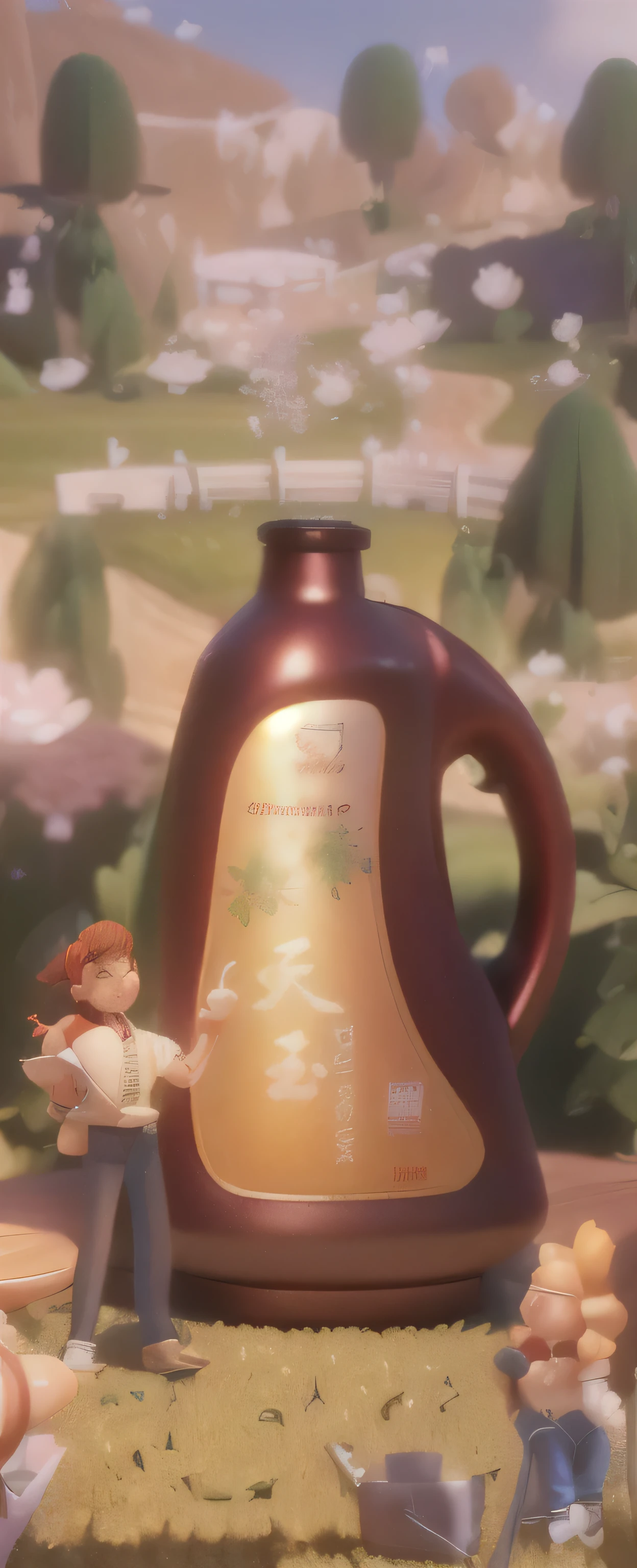 Close-up of a bottle of cooking oil on a table, There is a 3D character next to it,HD characters , closeup,Microscopic Photography, the World of the Tiny, 3D Model Macro Photography, Excellent composition, Fantasy painting,3D model of a cute, Extremely detailed scene, Amazing wallpapers, in a scenic background, Very detailed scene, Beautiful and detailed scenes,High-definition picture, 4k high-definition
