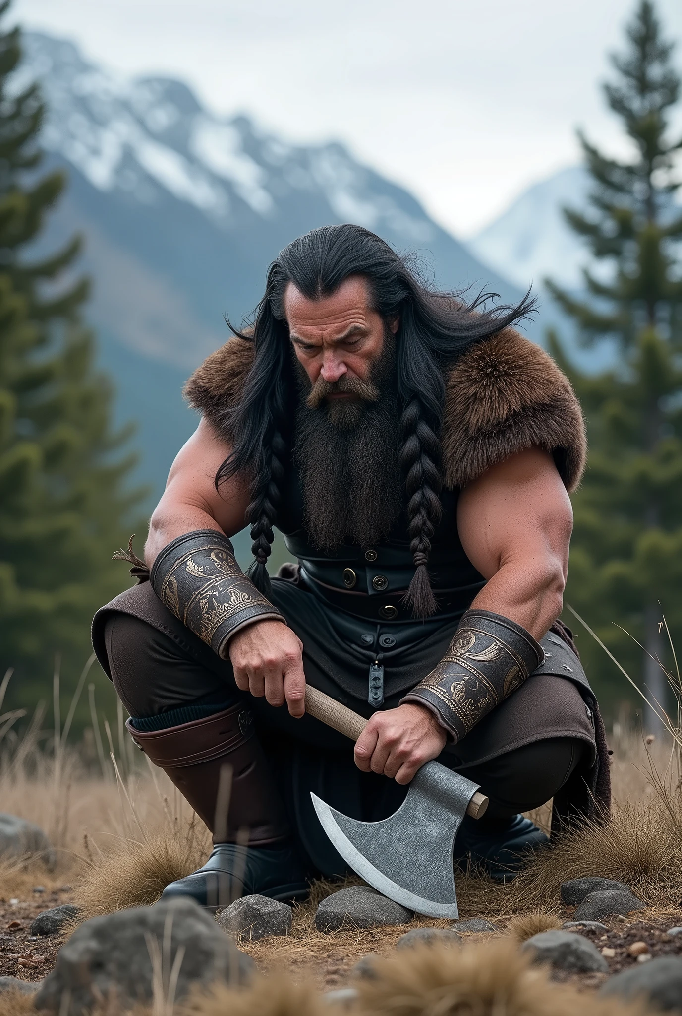 A Viking sharpening his axe with a stone.
Show him passing the stone over the axe to sharpen it.