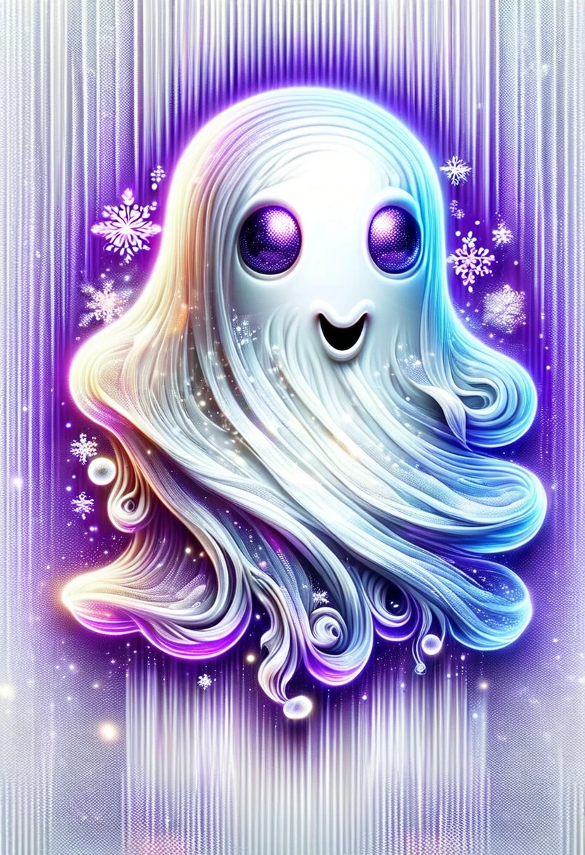 A highly detailed, vibrant, and colorful illustration of a 2D cartoon ghost, exuding a cute and playful demeanor, with a slender, flat, and rounded body, rendered in crisp, clean lines, and filled with a brilliant, snowy white hue. The ghost's face features large, expressive, black eyes with a subtle sparkle, a tiny, button nose, and a gentle, curved smile. A delicate, satin-textured purple bow, tied in a neat, diminutive knot, adorns the top of the ghost's head, adding a touch of elegance and sophistication. The entire image is set against a soft, creamy white background, allowing the charming ghost to take center stage, and is presented in ultra-high resolution, ensuring a mesmerizing level of detail and clarity.