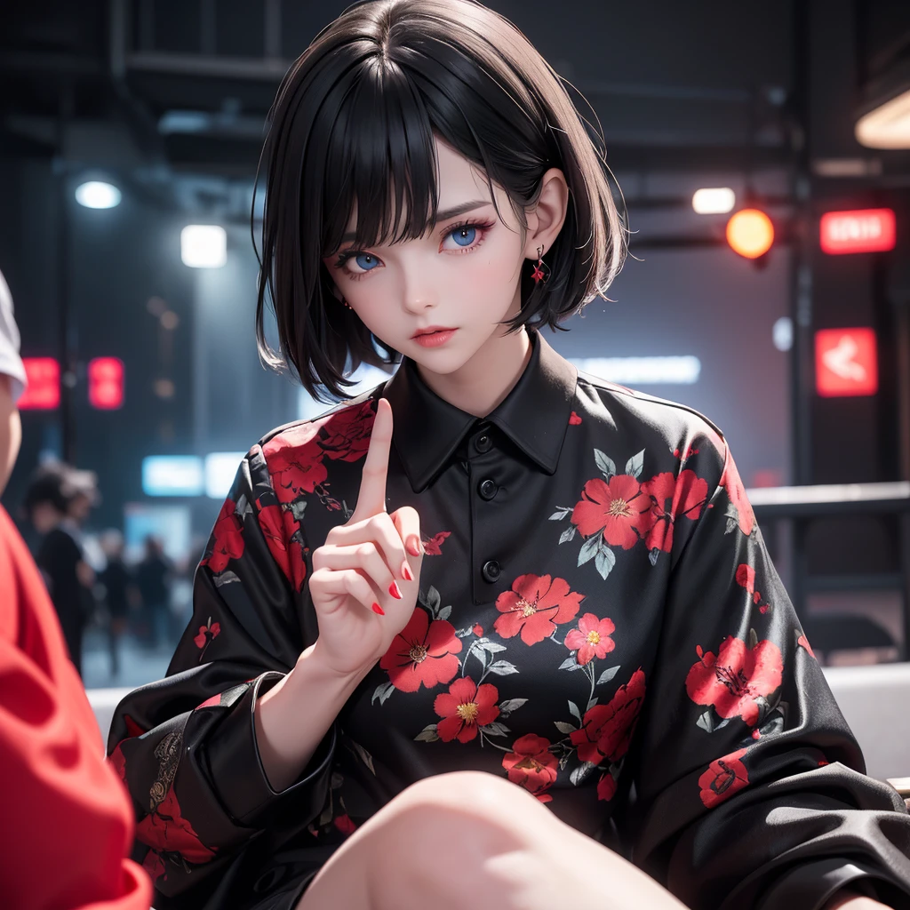 on open air, Black mature man, in a black and red shirt with a floral print, wear black dress pants, Blue eyes, sparkling eyes, short hair, gray skin, club environment, night, blue neon signs, 8 K, unreal engine, very detailed, photorealistic, 