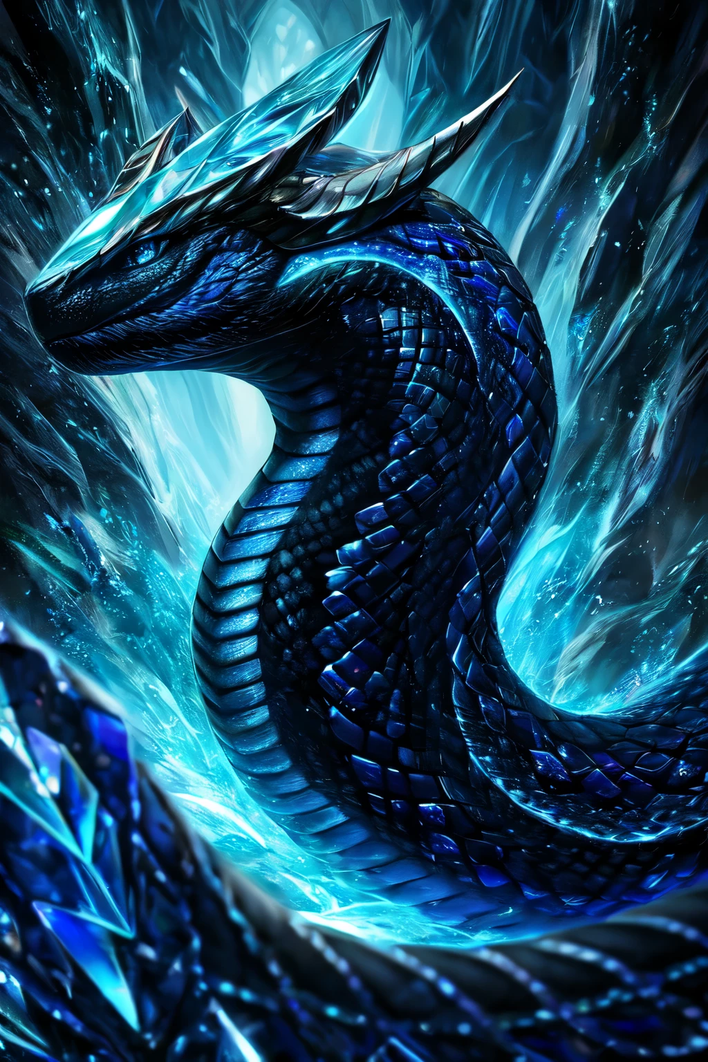 ((best quality)), ((masterpiece)), (detailed), picture of black and blue serpent, photorealistic, Ultra High Quality crystal gem on its forehead, photorealistic image, curled horns on the side of its head, realistic, high quality, dark blue eyes, Surreal art, shimmer, Approaching perfection, , Reflective materials, shadowy, Volumetric lighting, 8K resolution, ultra-detailed, well-proportioned detailed dark blue eyes, (absurderes:1.2), exquisitely crafted snake, exquisitely crafted serpent, elegant, beautiful detailed and clear dark blue eyes, wide image view, full-body picture