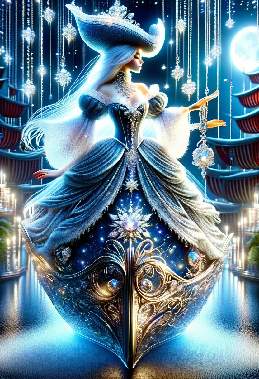 high quality, super realistic, a 20-year-old Pirate Maiden with a celestial beauty rivaling the stars, Picture her poised at the helm of a grand pirate ship, her silhouette defined against the shimmering night sky of a crimson moon, The vessel itself is a maritime masterpiece, adorned with intricate carvings, polished brass embellishments, and an array of mystical symbols, The Scarlet Moonlit Pirate dons a resplendent ensemble blending midnight blues with silvery hues, adorned with delicate lace and glistening gemstones, A star-like pendant gracefully hangs around her neck, emphasizing her bewitching aura, by yukisakura, high detailed