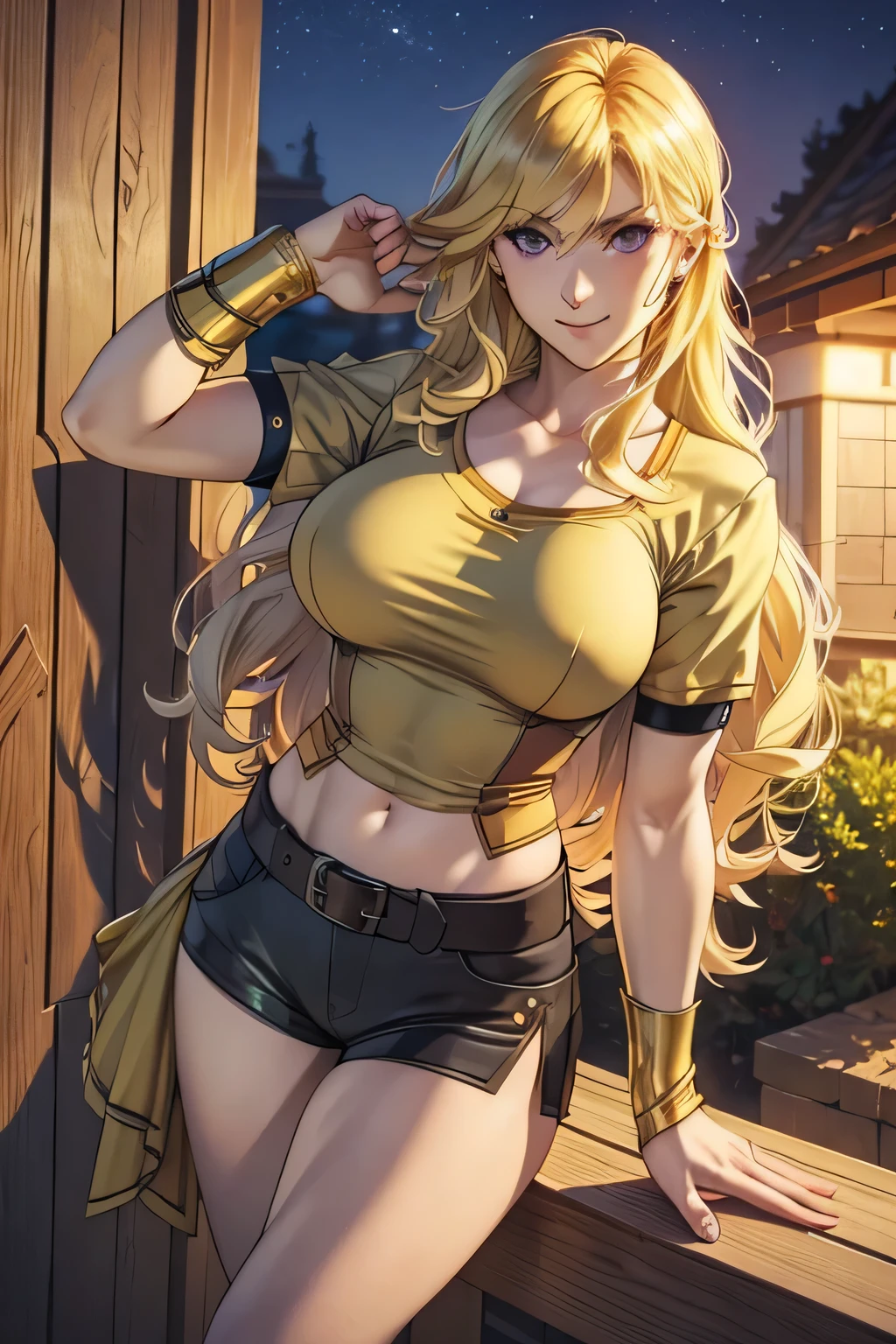 masterpiece, best quality, agrias, a woman, solo, wearing very short shirtt, black shorts, blonde hair, high leg, wavy hair , muscular , detailed face, muscular detailed face, age 22, modern house patio, big breast, standing, head up, Night time, purple eyes