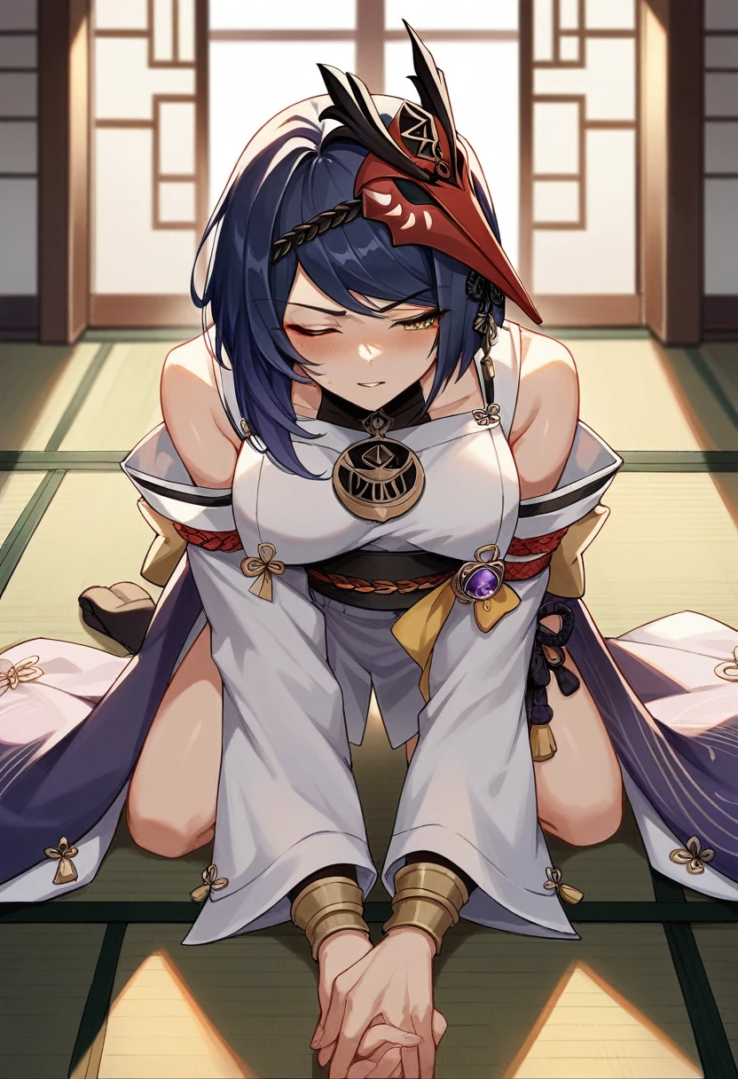 (best quality, masterpiece), (beautiful and aesthetic:1.2), vibrant colors 1girl, thick thighs ofuda, maebari, ofuda on nipples, jiangshi ofuda, hanging ofuda extreme detailed, highest detailed, centered, pussy juice, cameltoe , small breasts, blush, young