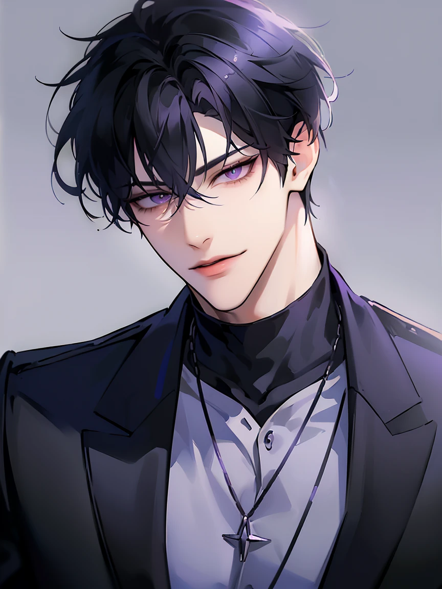 (masterpiece, 8k, high quality, best quality:1.6), 1boy, solo, short hair, black hair, asymmetrical fringe, purple eyes, handsome, sharp eyes, ( male, mature male focus, fashionable, tucked in open purple collared shirt, gray pants, necklace, close up, smile, long eyelashes, soft shadows, perfect anatomy