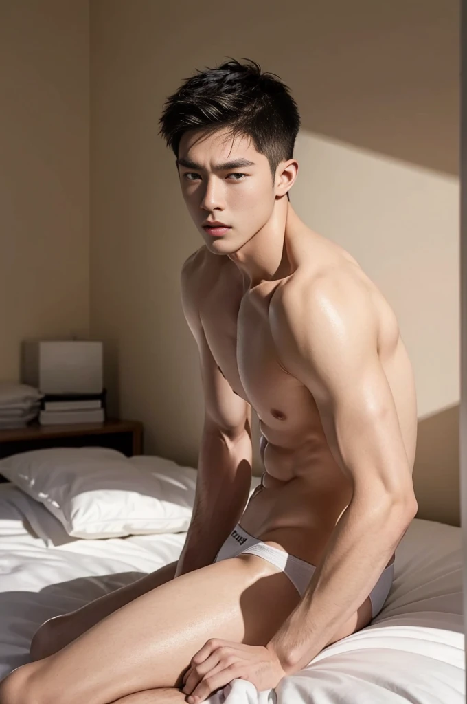 Ultra photorealistic, 20 year old, handsome male model, handsome man, asian man, shirtless, on top of the bed, white briefs, full body, expression of orgasmic, cry, cumshot, cum on chest