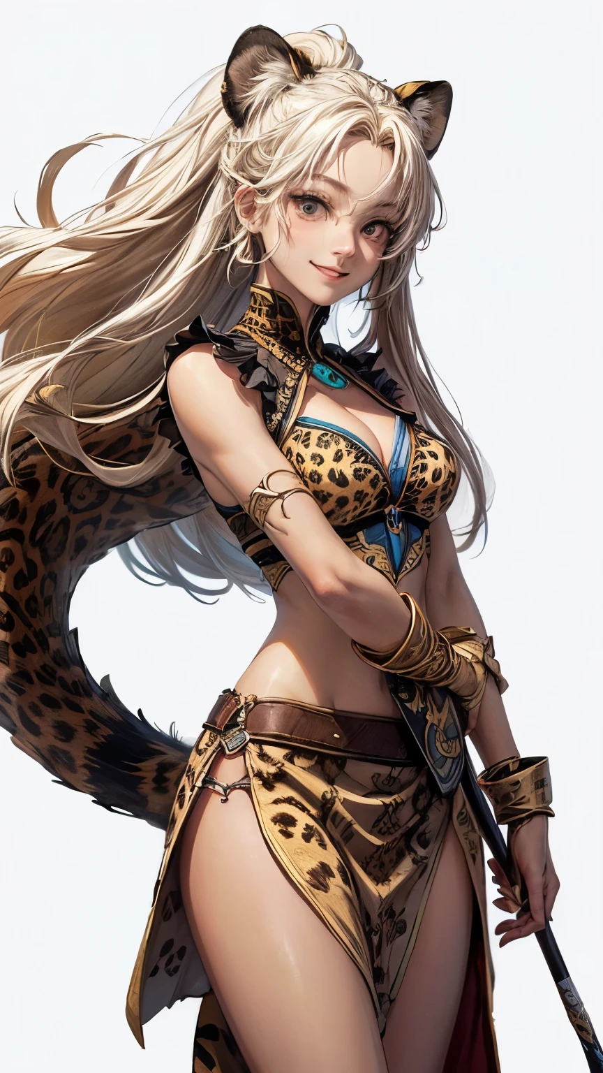 (masterpiece, Highest quality), detailed, ((Character Art, detailedが満載, anime可愛い人, wallpaper, Game illustrations, Animajin XL Babe, Fan art, anime)), (afk_Arena, Antandra, Cheetah Girl)), (1woman, woman), ((Simple tribal African ethnic costume, Rustic desert tribe attire)), (Black tanned skin, Cheetah ears and tail) , (detailed eyes), detailed face, ((Happy facial expression smiling)), Athletic physique, ((White blonde long hair)), ((Holding a spear, Have a weapon)), (Simple Background, White Background: 1.3)