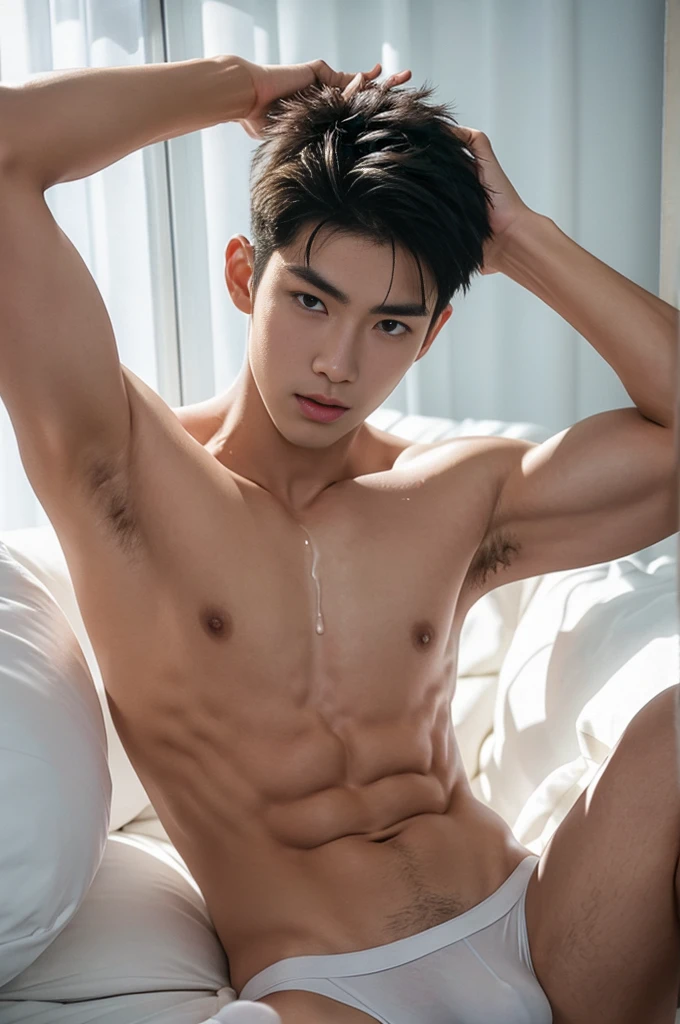 Ultra photorealistic, 20 year old, handsome male model, handsome man, asian man, shirtless, on top of the bed, white briefs, full body, expression of orgasmic, cry, cumshot, cum on chest, lifted arms, shaved armpits