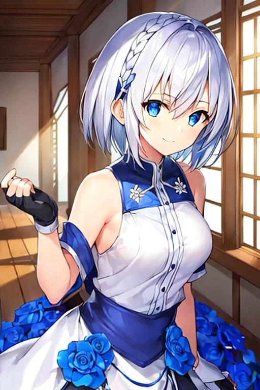 1 Girl, Bethel, blue eyes, 裸Off-shoulder膀, breast, medium breast, short hair, White hair, Hair covering one eye, Bangs, Gloves, sleeveless, Solitary, shirt, fingerless Gloves, white shirt, sleeveless shirt, Put your hands behind your back, Off-shoulder, trumpet, Smile, (masterpiece), (best quality), (Extremely detailed), indoors, Simple background, Blue flowers, 