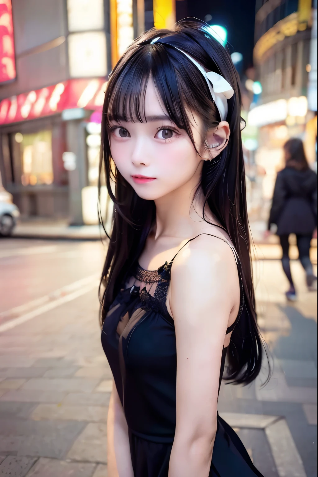 1 girl, she is walking down the street of SHIBUYA at night ,She is wearing a long black dress and is very sexy, headband Lace with black ribbon, she is AYA MIYABI, 22 years old, Bishojo, looking at viewer, she is famous Japanese idol, kawaii, (mascara), eyeliner, almond eye, natural eyebrows, thin lips, Natural color lip, extremely detailed skin, fair skin, smile, cute, realistic face, slender face, beautiful skin, flat chest, clavicle, slender body, black straight hair, medium long hair, Forehead, delicate thighs, skinny legs, lean legs, Best quality, (8k, RAW photo, best quality, childish face, masterpiece:1.2), ultra-detailed, (realistic, photo realistic:1.37), high detail RAW color photo, an extremely delicate and beautiful, extremely detailed(Selfie:1.1), finely detail,