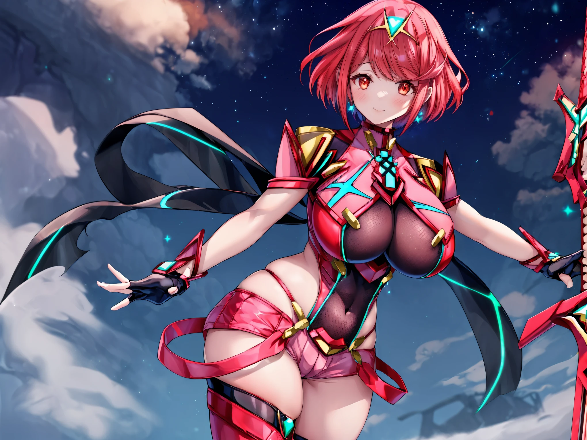 pyra \(xenoblade\), young_teen_1girl, armor, bangs, black gloves, breasts, red eyes, closed mouth, earrings, eyelashes, fingerless gloves, floating hair, framed breasts, gem, gloves, hair ornament, headpiece, jewelry, big_breasts, leotard, neon trim, official art, red hair, red shorts, saitou masatsugu, short hair, short shorts, short sleeves, shorts, sidelocks, skin tight, solo, swept bangs, thighhighs, tiara, night_prairie_background, turtleneck, underbust, vambraces, xenoblade chronicles \(series\), (xenoblade chronicles 2), apart_legs, fire_effect,dynamic_pose_fighting,light_smile, (plump:1.1), big_ass,huge_sword, hold_large_sword_hilt, solo, covered_nipples, covered_pussy,