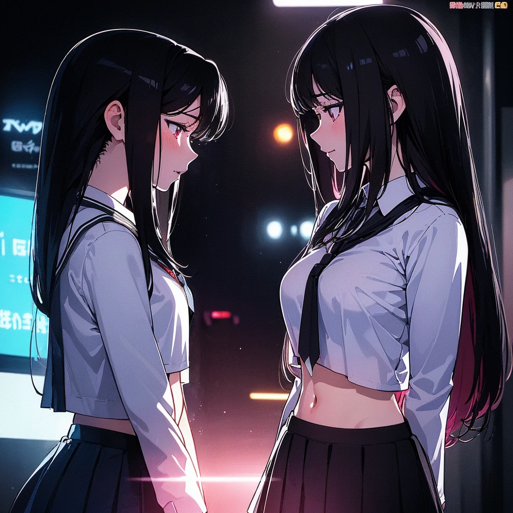 (Backlight,Navel:1.1,black hair),Beautiful woman in school uniform on the busy streets of Gintama., surrounded by sellers, beautiful portrait of a stunning goddess girl, beautiful detailed face, porcelain skin, half body shot, centered,((Moonlight,night,Large neons,strong neon lighting,Rim lighting,two-color lighting))),