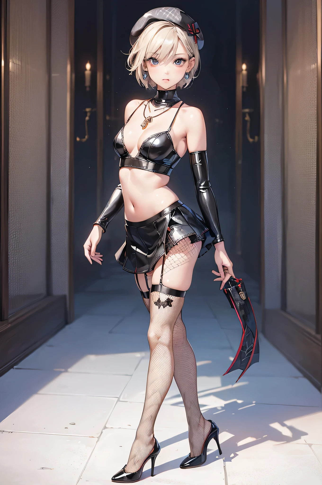 ((Biologically correct limb count)),(( From head to toe,Full-body photo including face)),4K,((Standing position)),masterpiece,((Focus on the face)),((Symmetrical facial features)),Eyes with detailed description,Beautiful woman,Great style,Beautiful arms,Beautiful legs,Beautiful Hands,(Small Ass,Thin thighs),Detailed depiction of the face,Small earrings,necklace,(Latex clothing,mini skirt((High heels,Patterned fishnet stockings))),Realistic photo,Short Hair,Stand at an angle,Meeting,Alluring,beret